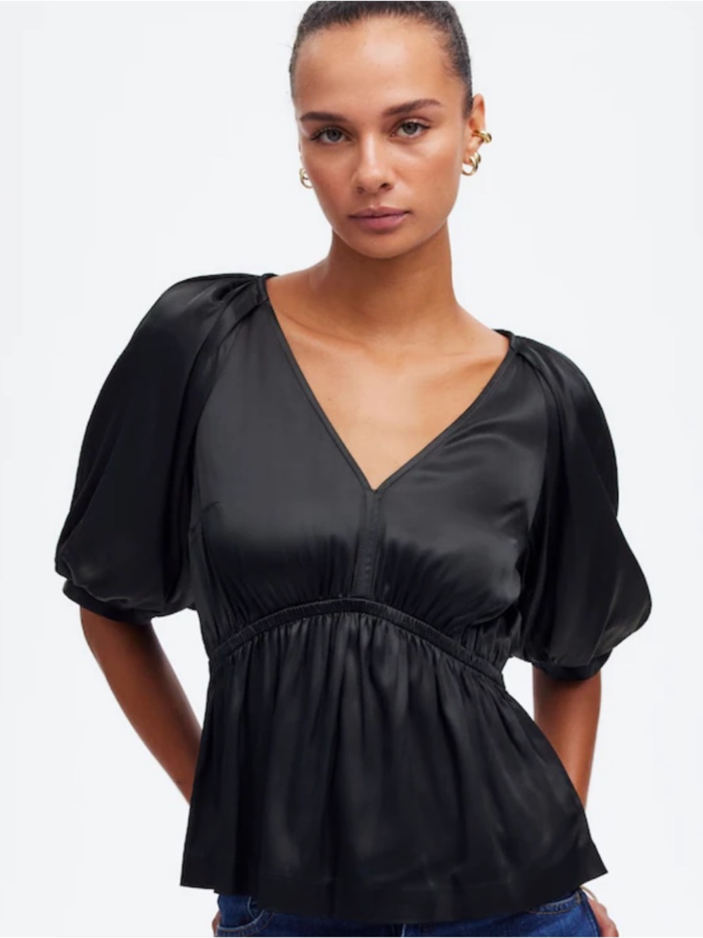 Madewell Shirred Puff-Sleeve Top in Satin Women’s SZ Medium in True Black